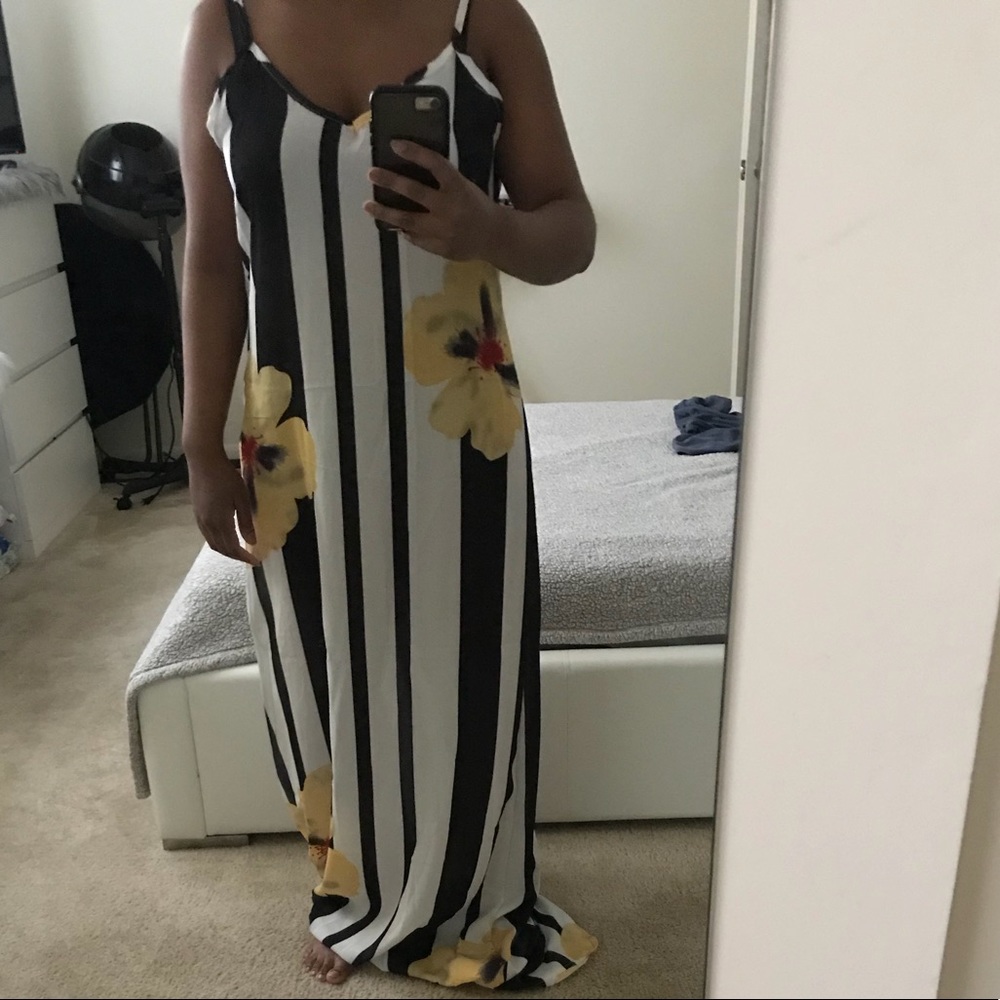 Long striped and floral maxi dress.